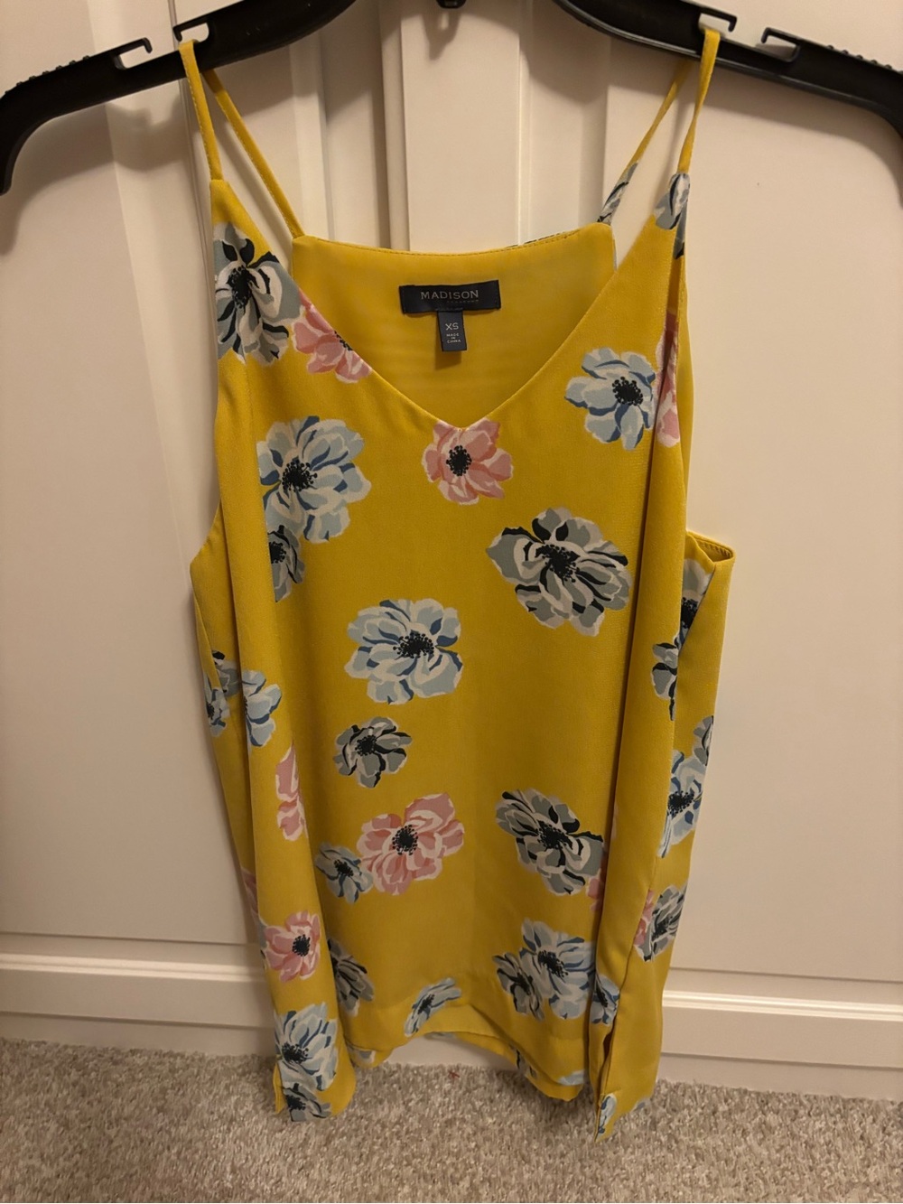 Madison Yellow Floral V-Neck Cami with Blue and Pink Blooms